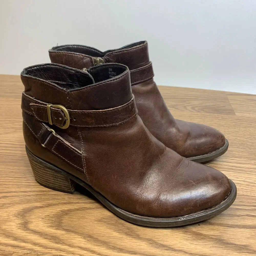Born Shoes Womens 8M Booties Leather Casual Fashion‎ Adia Moto Brown Block Heel